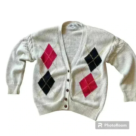 Vintage 90's Argyle Cardigan Sweater Shoulder Pads Country Club Prep size Large - Picture 1 of 12